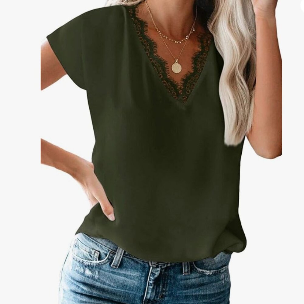 lime flare Dressy Lace Trim Blouse Tops Popular Short Sleeve Shirt -
